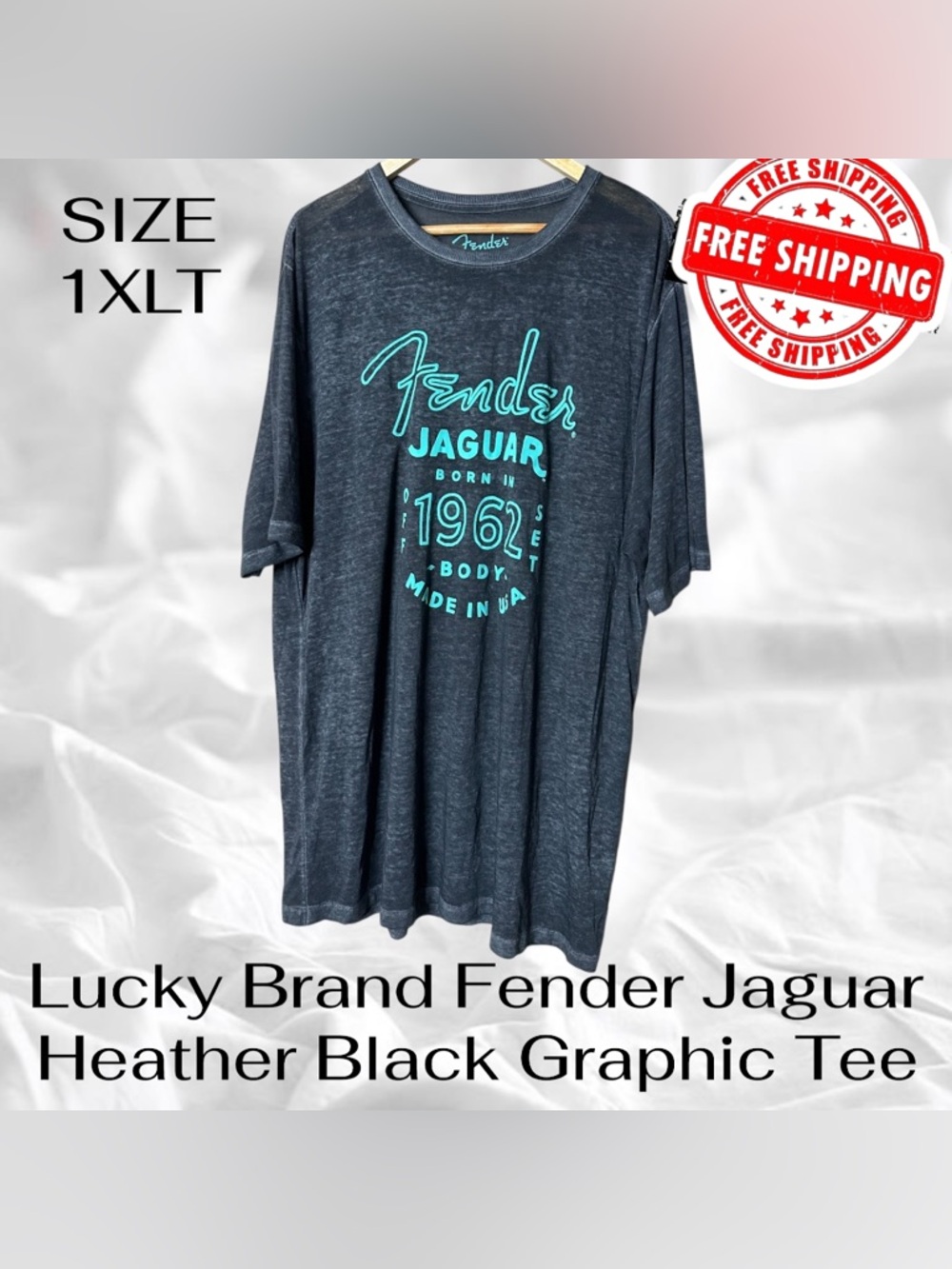 Lucky Brand Fender Jaguar Heather Black Graphic Tee Mens 1XLT FREE SHIPPING
